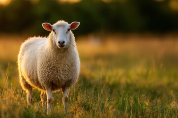 White Sheep in Sunlit Pasture at Golden Hour