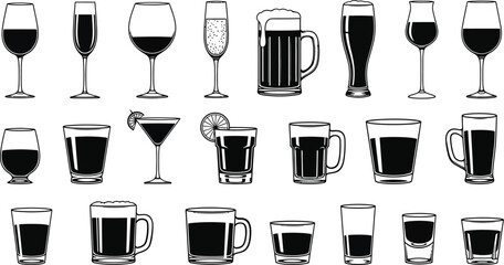 Illustration of various types of drinkware including wine glasses beer mugs and cocktail glasses in black and white