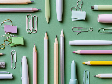 Organized assortment of white, pastel office supplies pencils, pens, paper clips, binder clips against a light blue gradient backdrop Featured are various colored pens yellow, pink, - AI-Generated