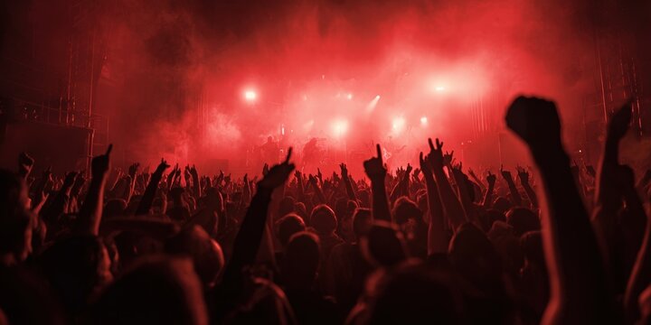 Crowd at Heavy Metal Concert with Red Stage Lights
