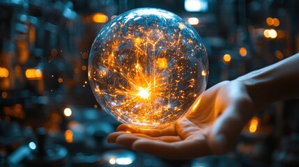 person reaches plasma globe, vibrant electric arcs visibly connecting their fingertips