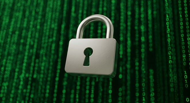 Metallic Padlock Against a Stream of Binary Code.