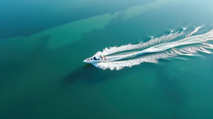 Naklejka premium Sleek motorboat glides across calm turquoise waters, leaving white wake behind. serene environment evokes sense of adventure and freedom