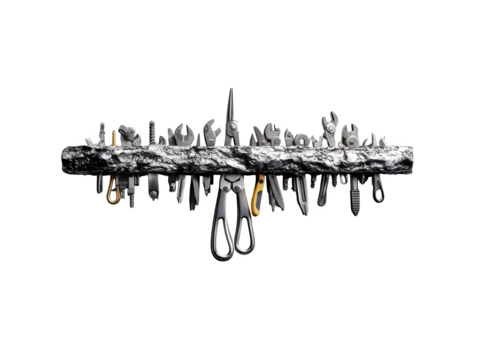 A suspended magnetic strip with tools like pliers, scissors, and hex keys perfectly aligned in mid-air, floating above a white studio background, cut out to transparent background 