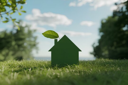The image portrays a conceptual representation of a green home and sustainable environmentally friendly construction. It includes a house icon placed on a lush green lawn, with a sun shining overhead