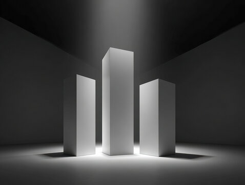 Three vertical plinths of varying heights in a dark room, illuminated from behind White and gray color palette with minimalistic abstract art piece resembling skyscrapers arranged cent - AI-Generated