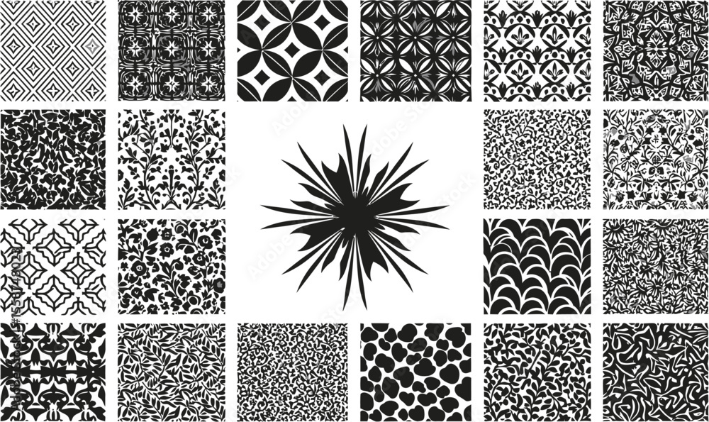 Poster a collection of black and white patterns with a starburst design in the center of the image array