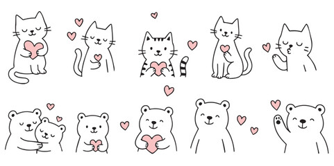 Vector set of cute cats and bears in doodle style. Cute animals for your design. Hand drawn vector illustration. Vector 