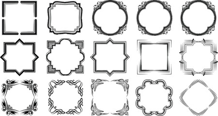A collection of fifteen decorative black and white frames with various shapes and ornate designs displayed