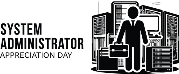 System administrator appreciation day with server racks and a person holding a briefcase icon art