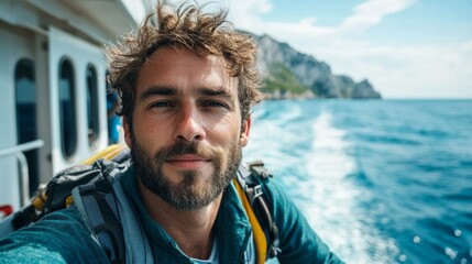 Man with backpack on background of sea and rocky mountains, useful for travel and adventure articles.