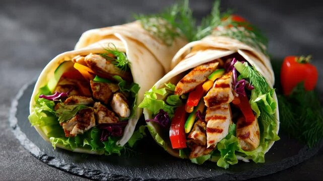 Delicious Grilled Chicken Wraps with Fresh Vegetables and Herbs on Slate, Healthy Gourmet Street Food Lunch, Colorful and Appetizing Mediterranean Style, Perfect for Diet and Nutritional Meal Planning