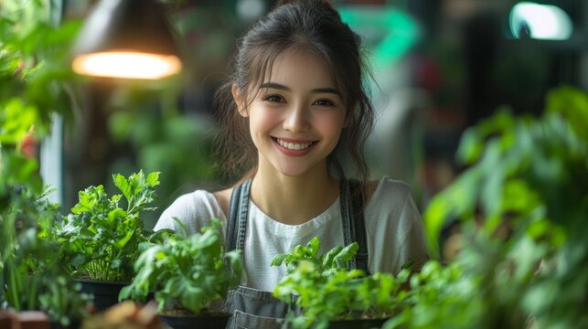 Smiling girl among greenery, creating an atmosphere of freshness and joy. Useful for topics related to nature and ecology.