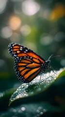 Obraz premium Monarch butterfly on an orange flower in a summer garden, showcasing its wings and natural beauty in a close-up macro view