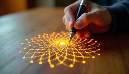 A person's hand holding a pen drawing a glowing mandala on a wooden surface