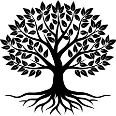 Vector leafy tree with black roots silhouette on white background