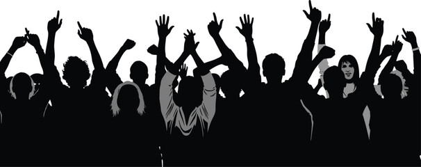 Silhouette of a crowd with raised hands and arms cheering and celebrating in black and white image art