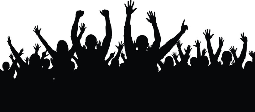 A silhouette crowd of people with their hands raised in the air against a white background space above them