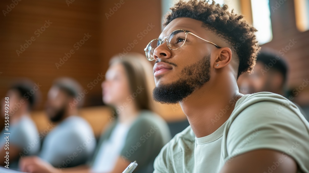 Poster student engages attentively in a university lecture setting during a mid-morning class focused on cr