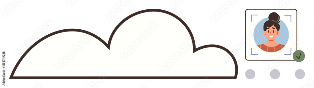 Poster Cloud shape linked to user profile with a verification checkmark. Ideal for identity protection, data security, cloud computing, user authentication, online privacy, account creation, simple flat