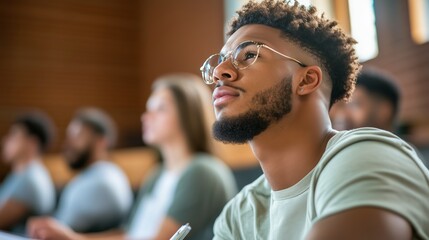 Student engages attentively in a university lecture setting during a mid-morning class focused on critical thinking