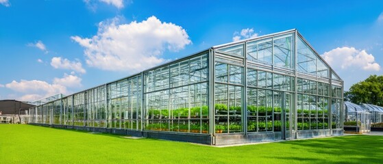 Obraz premium The modern greenhouse showcasing vibrant plants under a clear blue sky
