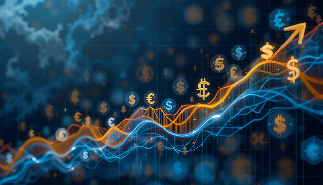 Financial growth abstract concept displays rising currency values with dollar and euro symbols depicted in a dynamic digital chart.