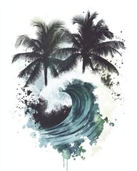 Wave Chalk. Blackboard Business Graphic with Palm Trees in White and Black