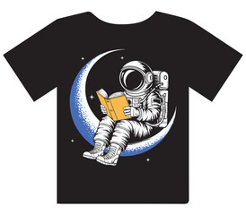 Astronaut Reading on Crescent Moon T-Shirt Design – Cosmic Knowledge Space Explorer Apparel