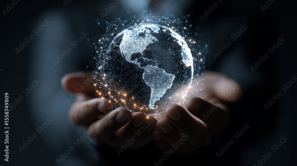 Fototapete A man holds a globe that connects a network of information forwarding to the world, quick and easy forwarding information. And network connection a black background.