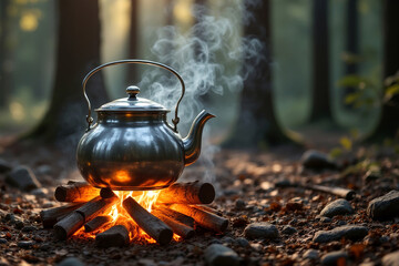 Boiling water with a stainless steel kettle in the forest