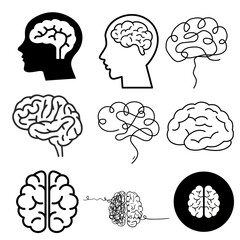 Vector icons of human brains in silhouette and outline style. Includes different views for education, psychology, and medical usage.