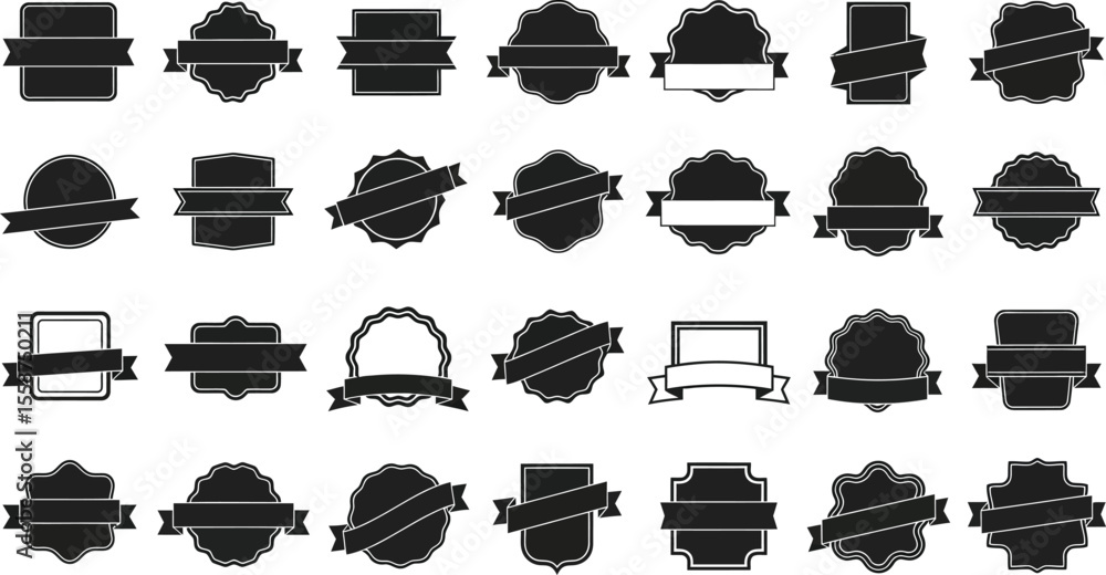 Poster a collection of black and white badge designs with ribbons and various shapes in a vector format