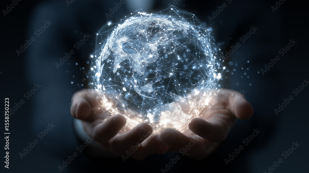 Poster a man holds a globe that connects a network of information forwarding to the world, quick and easy f