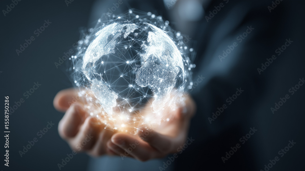 Poster a man holds a globe that connects a network of information forwarding to the world, quick and easy f
