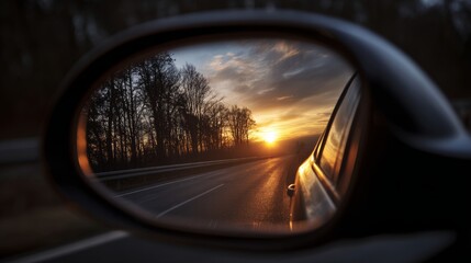 Cinematic road trip moment with sunset in mirror.