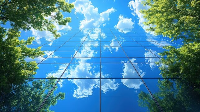 A reflective glass building mirrors a vibrant blue sky with clouds, framed by lush green trees on both sides.