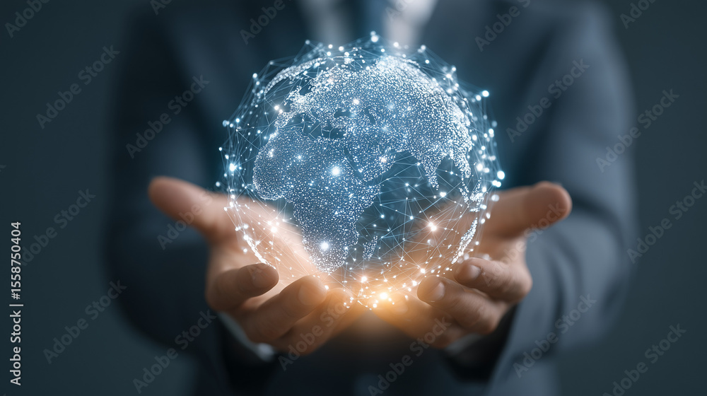 Fototapete A man holds a globe that connects a network of information forwarding to the world, quick and easy forwarding information. And network connection a black background.