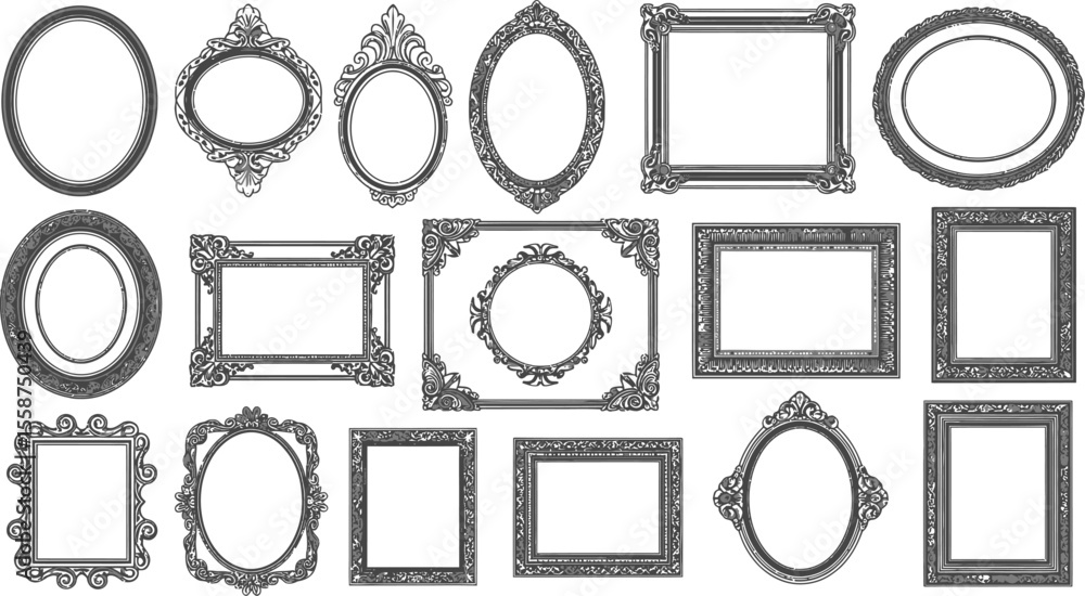 Poster a collection of decorative frames in various shapes and sizes, arranged in a grid pattern design