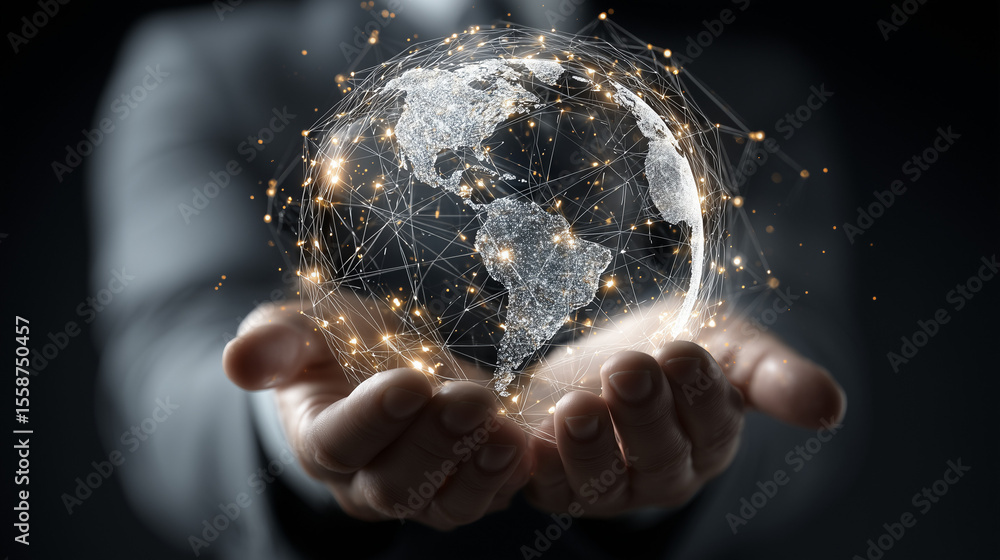 Poster a man holds a globe that connects a network of information forwarding to the world, quick and easy f