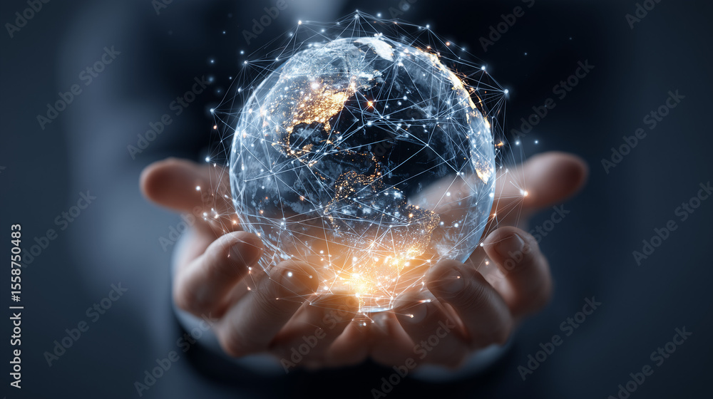 Poster a man holds a globe that connects a network of information forwarding to the world, quick and easy f