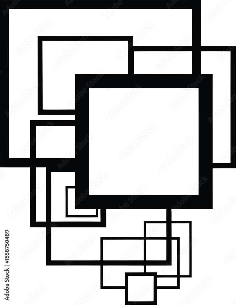 Poster a minimalist composition of overlapping black outlined squares on a plain white background design el