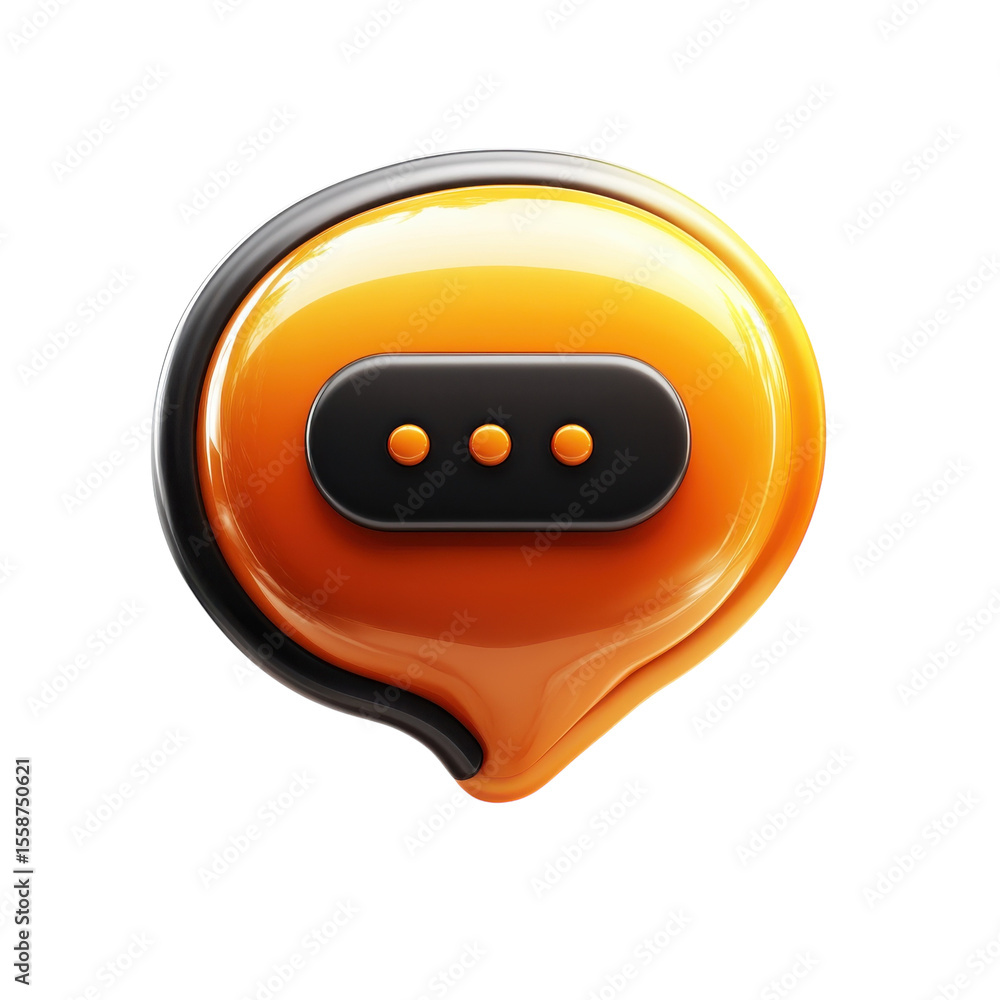 Poster glossy orange 3d chat bubble icon with dots message ui element on transparent background