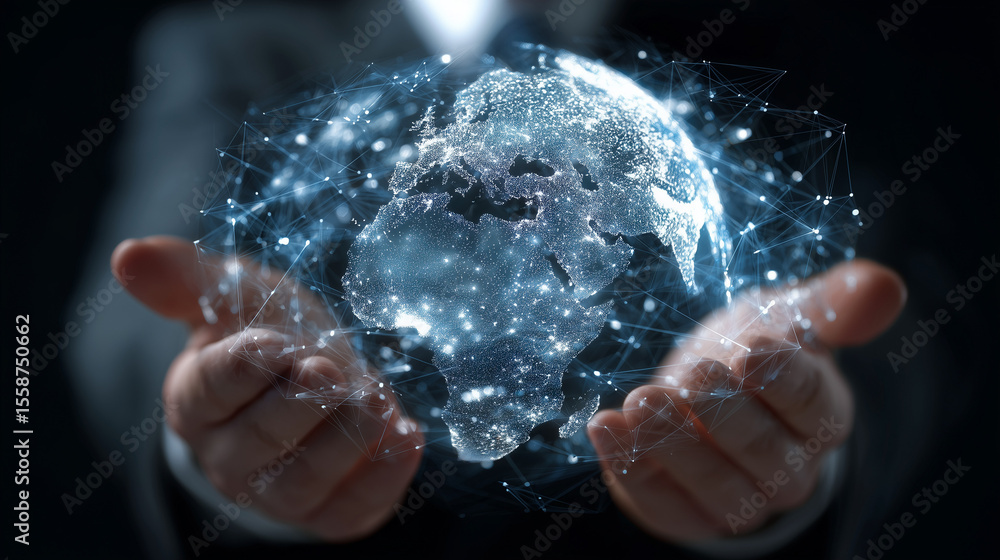 Fototapete A man holds a globe that connects a network of information forwarding to the world, quick and easy forwarding information. And network connection a black background.
