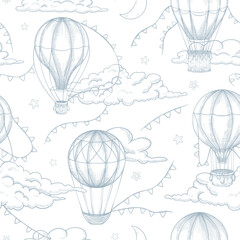 Seamless vector Pattern with hand drawn aerostats and clouds in linear style. Outline drawing of background with hot air Balloons for nursery wallpaper or childish textile design. Etched illustration.