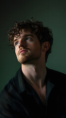 Fototapeta premium Moody Portrait of Man in Black Shirt on Green Background 
