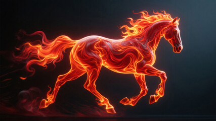 Conceptual fire horse created from glowing flame particles and smoke in motion, representing strength and transformation