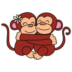 Hand drawn cartoon couple of monkeys hugging on white background.