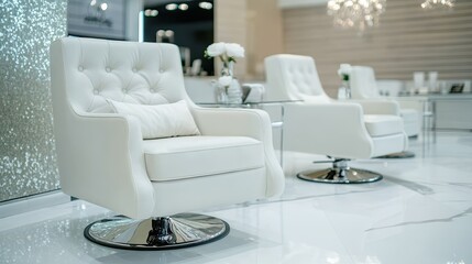 White Salon Chair. Modern Pedicure Armchairs in Luxury Nail Salon Interior