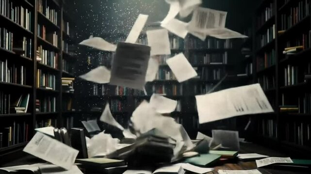Library books papers falling chaos